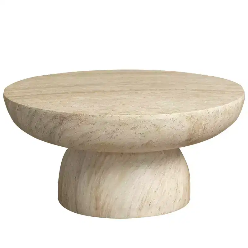LeisureMod Lunexa Round Coffee Table  Fiberstone Pedestal Accent Table for Indoor or Outdoor Use, Sculpted Design with Anti-Slip Foot Pads