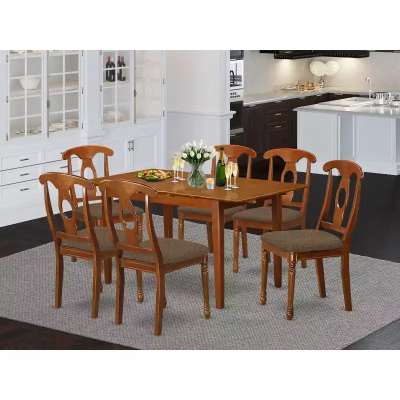 7 Piece Dinette Set - Rectangle Table with Leaf & 6 Fabric Chairs - Small Kitchen Dining Room Table