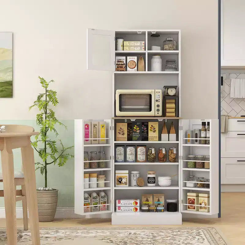 Tall Kitchen Pantry Cabinet with Adjustable Shelves and Glass Doors