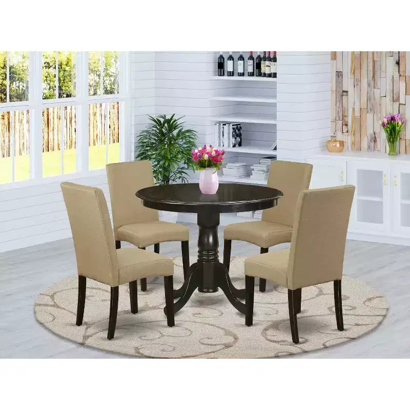 HomeStock 5-Piece Round Cappuccino Finish Solid Wood Top Dining Table with 4 Parson Chair