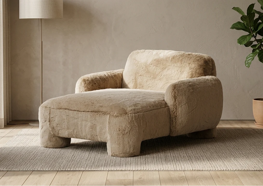 Solid Oak Gray Ceruse Dacron Wrapped Beige Boucle Sofa