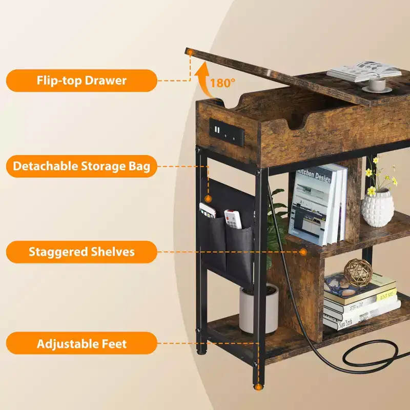 Charging End Table with USB Outlets, Flip Top Storage, Narrow Nightstand for Bedroom Small Spaces