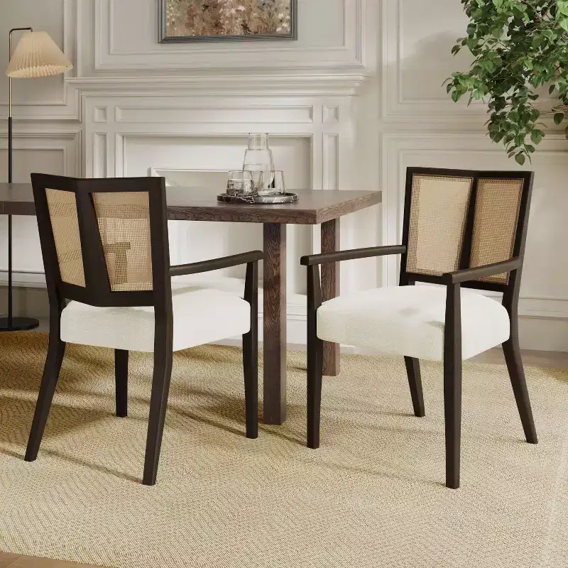 2Pcs Modern Upholstered Fabric Armchairs Dining Chairs Rattan Back Dining Room Chairs Accent Kitchen Chairs with Solid Wood Legs Dark Brown