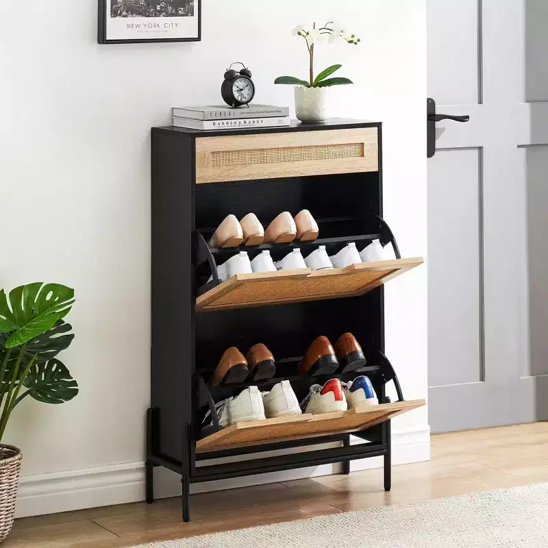 2 Flip Drawers Shoe Storage Cabinet with 1 Drawer, Rattan Shoe Organizer with Metal Legs, Freestanding Narrow Shoe Rack Cabinet
