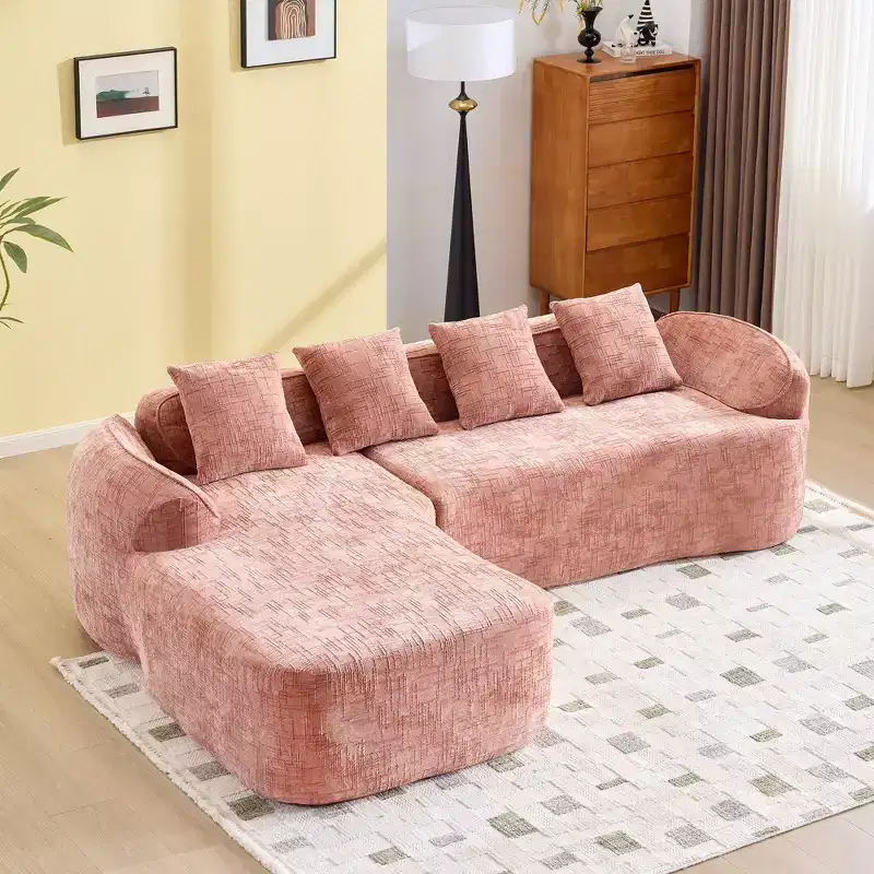 Clihome High-Elastic Chenille L-Shaped Sofa - Curved Armrests & 4 Free Pillows Included