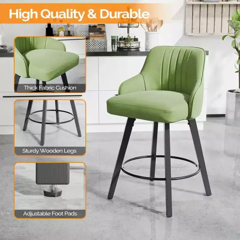 Thick Padded Cushion Wood Legs Modern Bar Stool With 360 Rotation
