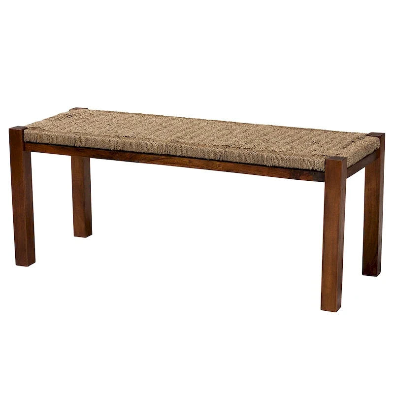 Mid-Century Transitional Bench with Woven Seagrass Seat and Mahogany Frame