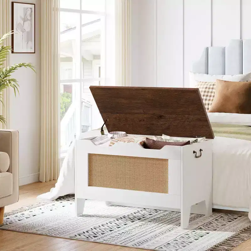 Storage Chest,Rattan Toy Chest,30 Wooden Storage Bench with Safety Hinge,Blanket Chest