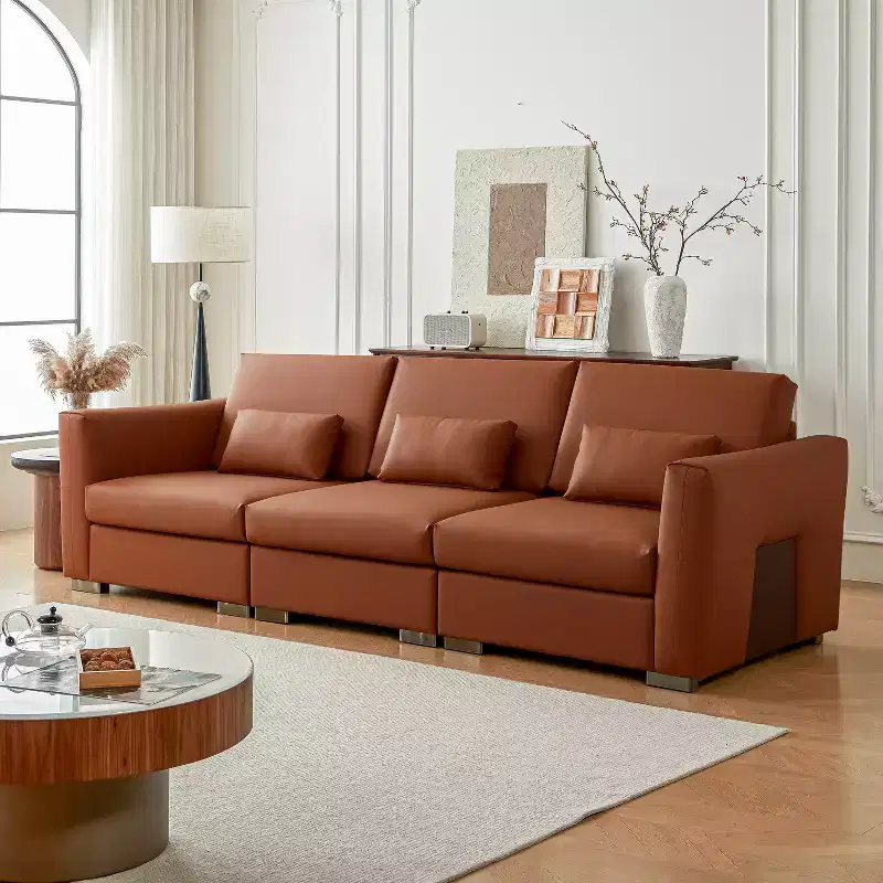 Mid Century Modern Sectional Leather Couch, Orange Genuine Leather Sofa with Metal Legs, 2 Pillows, Deep Seat for Living Room