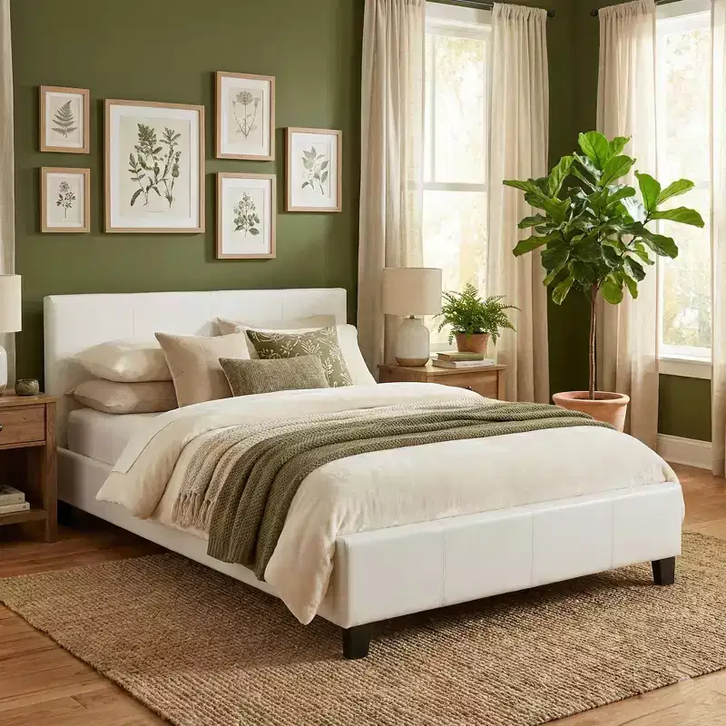 Contemporary Faux Leather Upholstered Platform Bed Frame with Adjustable Headboard