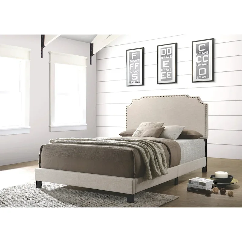 Beige/Black/Green Upholstered Platform Bed with Nailhead Trim – Full/Queen (1-Person) & King (2-Person)