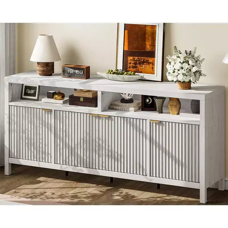 Fluted Sideboard Cabinet 65.8 Inch, 4-Door Buffet with Storage for Dining Room