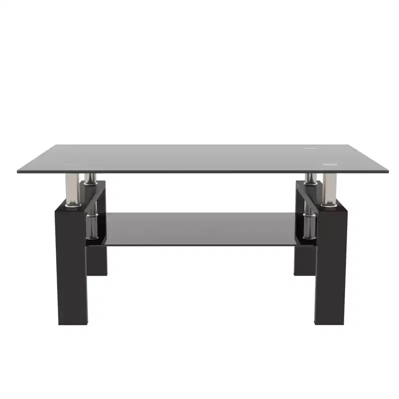 Modern Glass Coffee Table with Double Layer Storage Space and Metal Tube Legs for Living Room or Office