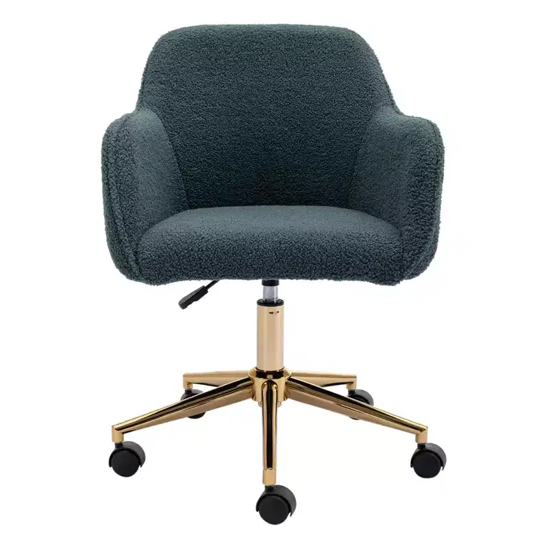 This swivel office chair is height-adjustable, has wheels, gold-plated legs, and a chrome-plated base.