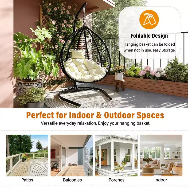 Whisen Hanging Hammock Chair with Stand, Egg Swing Chair with Iron Frame and Cushion & Headrest
