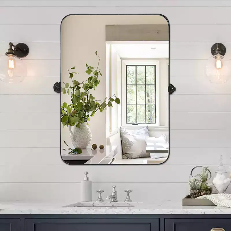 35.83x24.02x1.57in Wrought Iron Rounded Rectangle Black Swivel Metal Hanging Mirror