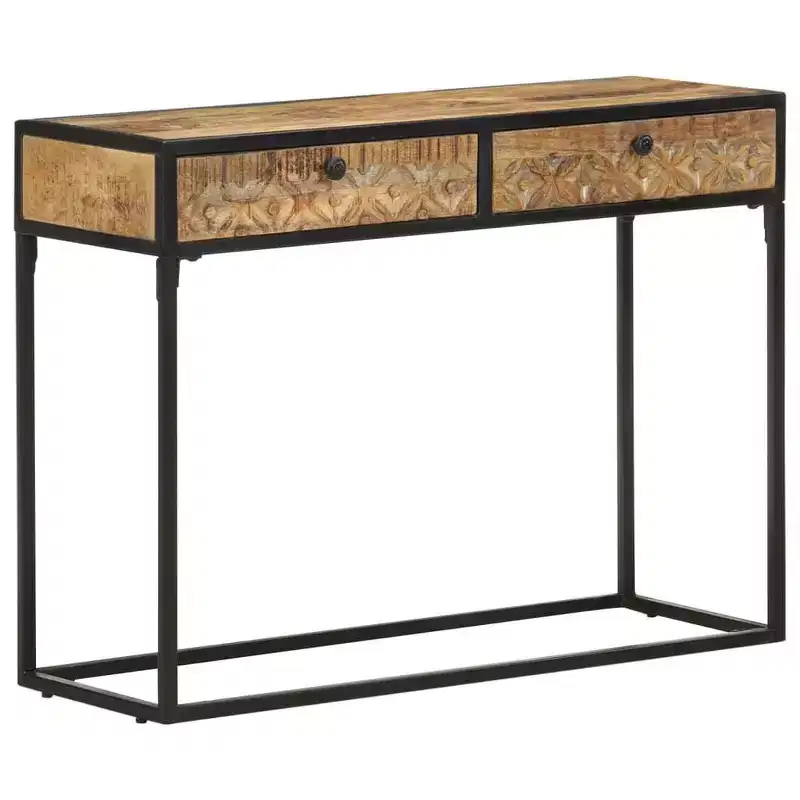 Solid Mango Wood Console Table with Carved Drawers & Steel Frame, 39.4