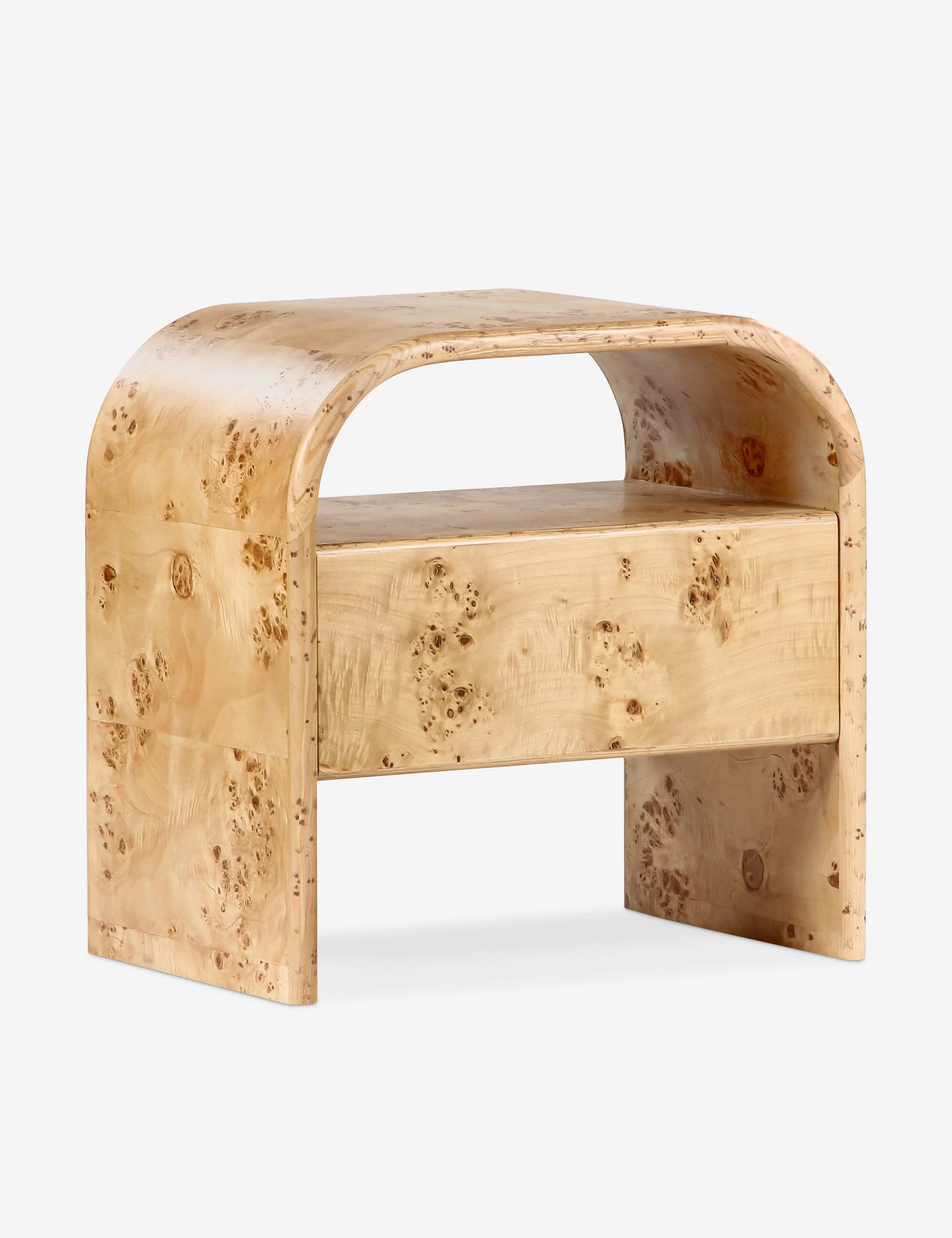 Nightstand The nightstand cuts a timeless silhouette with a simple, clean-line frame. The burl veneer imbues a luxe tone that can be dressed up