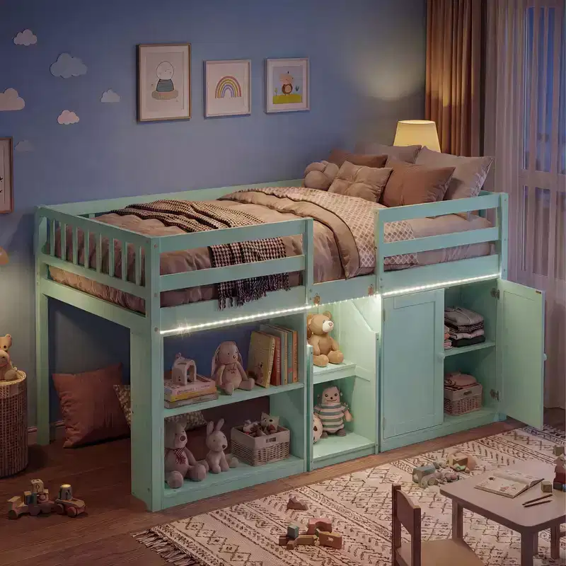 Twin Low Loft Bed with LED Light, Stairs & Guardrails, Modern Pine Wood Kids Bed, White/Mint/Gray