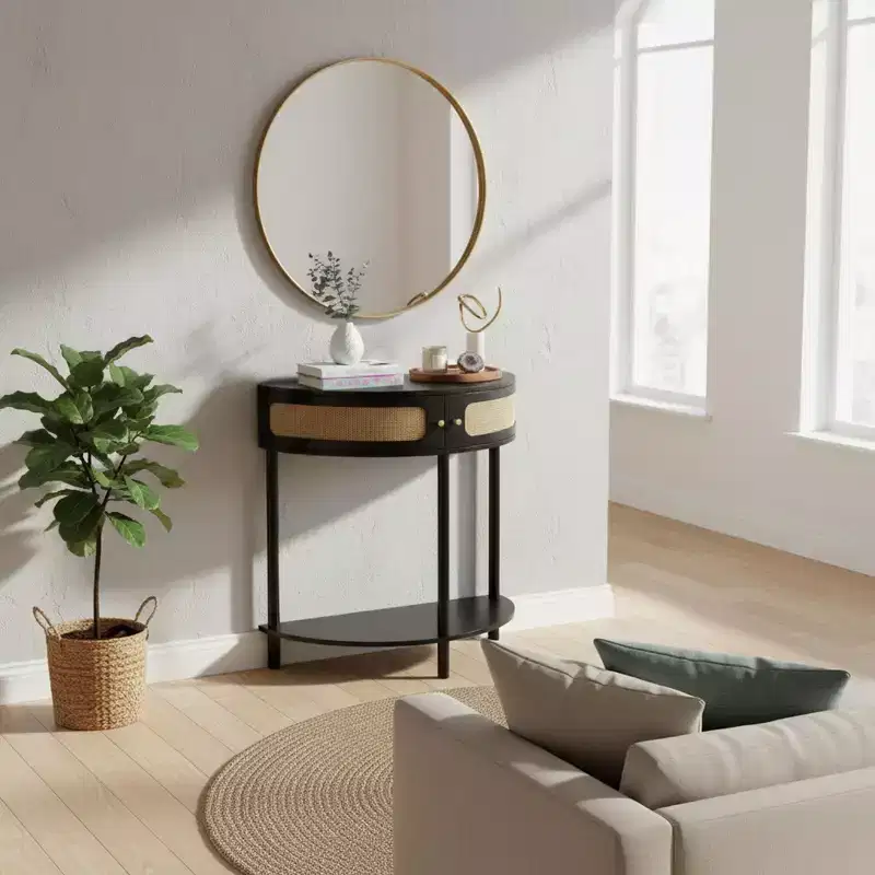 Half-Moon Console Table with Rattan Front, MDF Top & Solid Wood Legs, 31.5