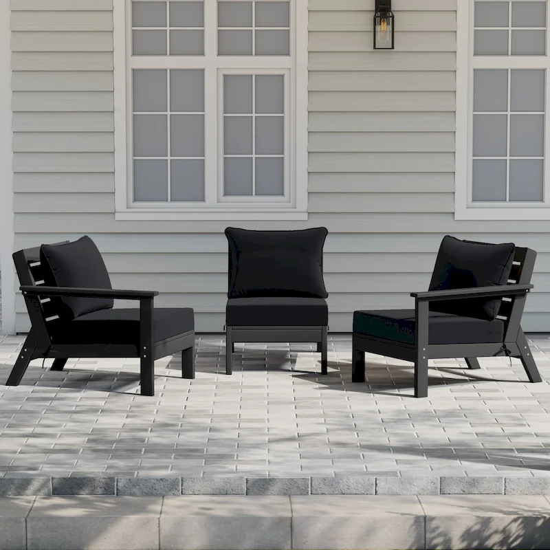 Polytrends Birchwood All Weather HDPE Outdoor Patio Deep Seating Black Sofa With Cushions (3-Piece)
