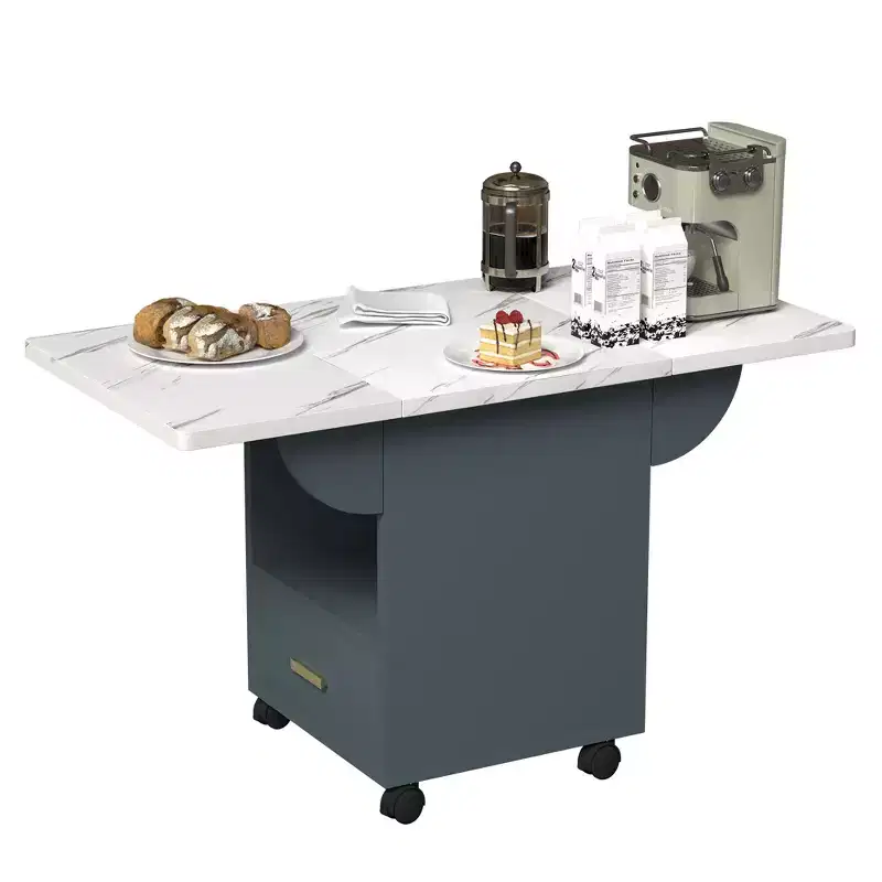 Folding Kitchen Island Table, Marble Texture, with Wheels, Storage Drawer and Rack