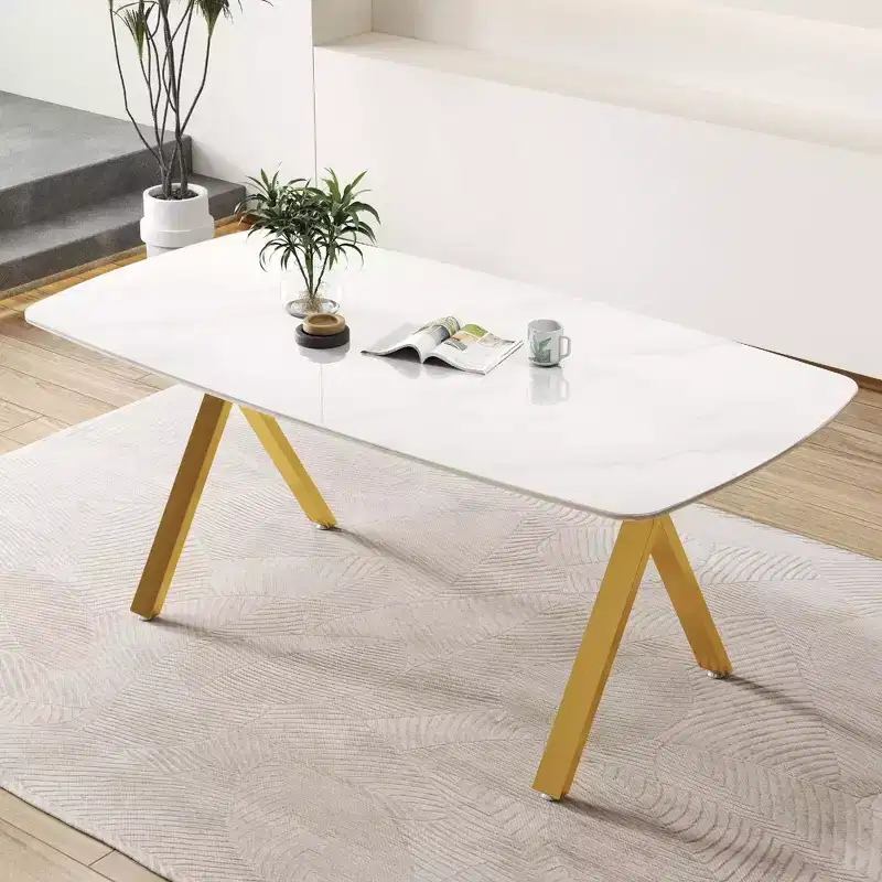 GDFStudio Daniela Modern Tempered Glass Rectangular Dining Table with Marble Design and Metal Legs
