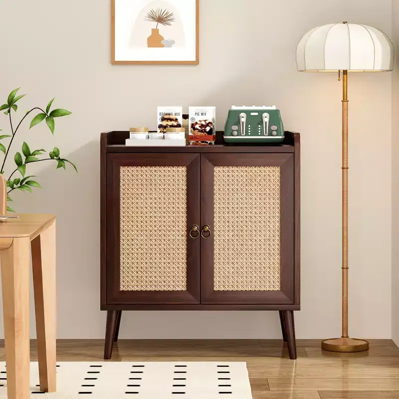 Rattan Sideboard Buffet Cabinet with Double Doors, Vintage Style for Dining Room, Living Room, Hallway