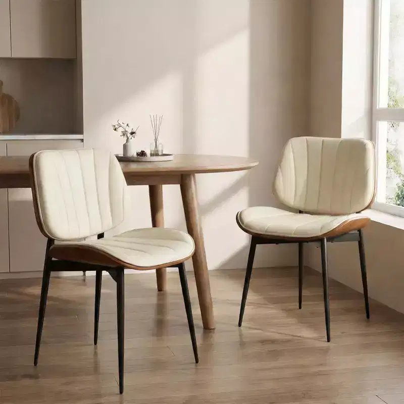 Set of 2 Mid-Century Modern Dining Chairs, PU Leather Upholstered with Curved Walnut Wood Backrest, Black Metal Legs for Kitchen and Dining Room