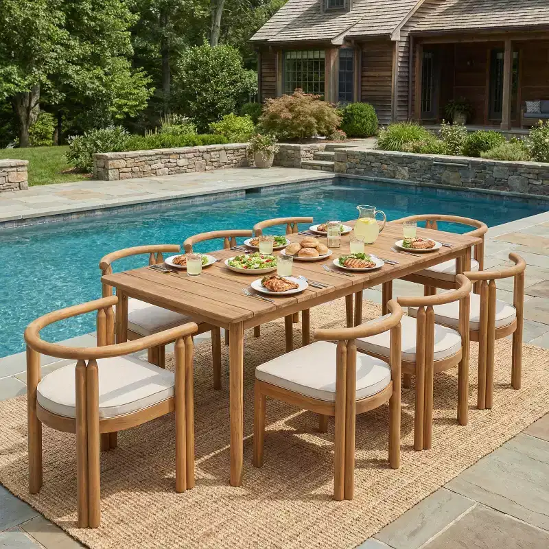 Christopher Knight Home Dione Rustic 9 Piece Patio Acacia Wood Dining Set with Slatted Tabletop and Cushions