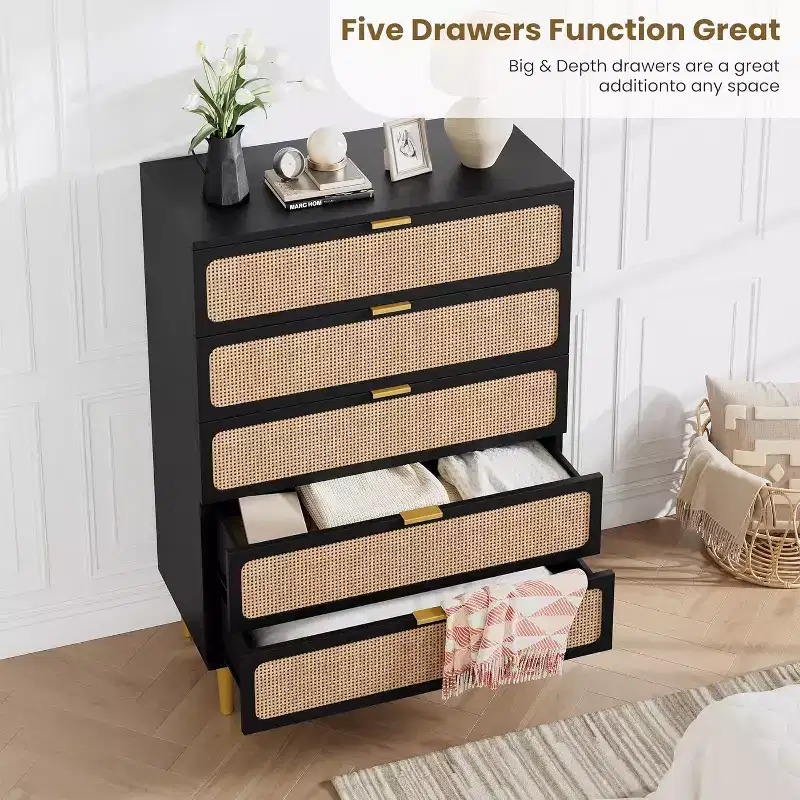 Rattan 5-Drawer Tall Dresser with Wide Top – Natural Wood Finish
