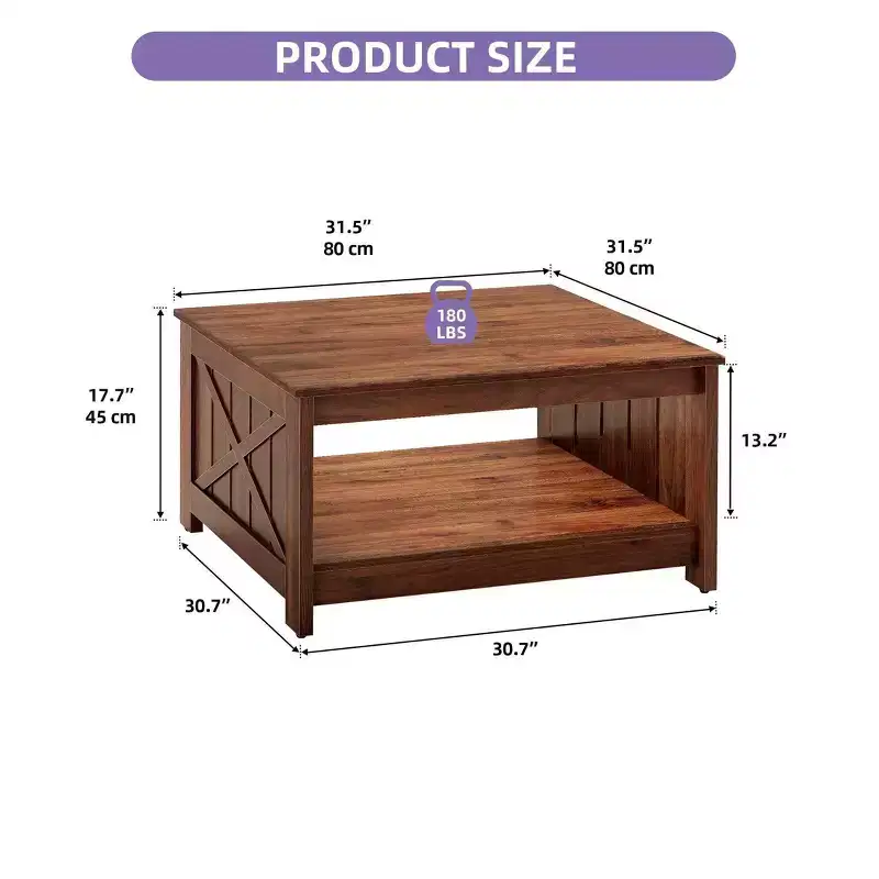 Farmhouse Square Coffee Table Cocktail Center Table with Bottom Shelf For Living Room Organizer Brown