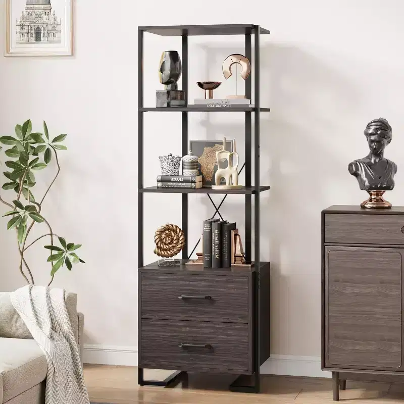 4-Shelf Bookcase with 2 Storage Drawers, 70.9 Inch Tall Open Display Shelf