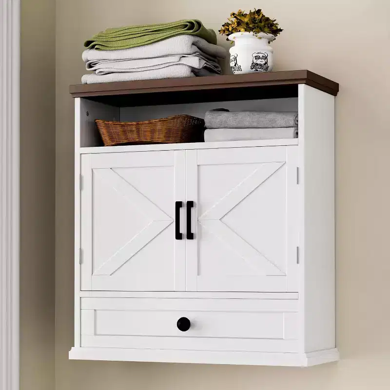 Bathroom Wall Cabinet, Farmhouse Medicine Cabinet, 24 Wide Cabinet with Drawer, Adjustable Shelf, Double Barn Doors, Storage Cabinet White