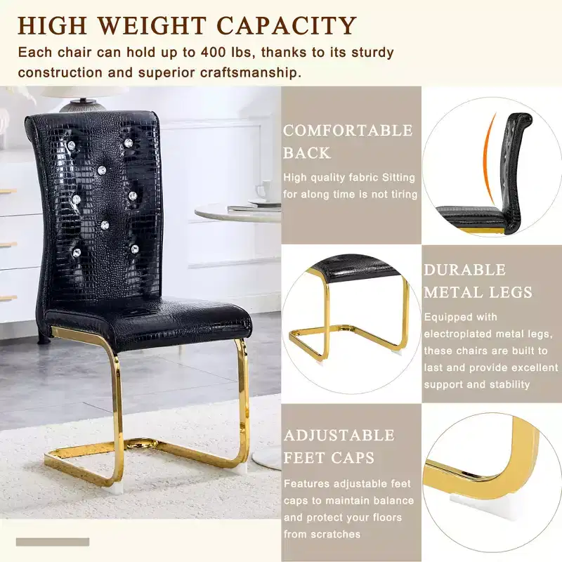 Set of 4 Upholstered Dining Chairs with Faux Leather and Crystal Buckle Details, with Durable Metal Legs