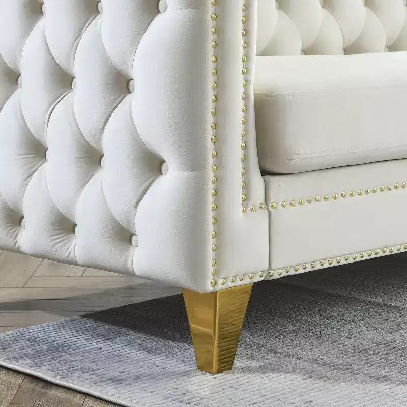 Button-Tufted Velvet 2-Seater Sofa with Square Arms & Metal Legs, Nailhead Trim