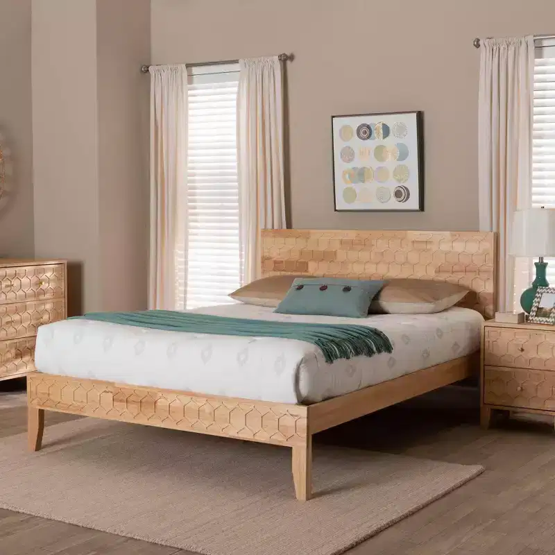 Baxton Studio Hosea Carved Honeycomb Platform Bed Natural