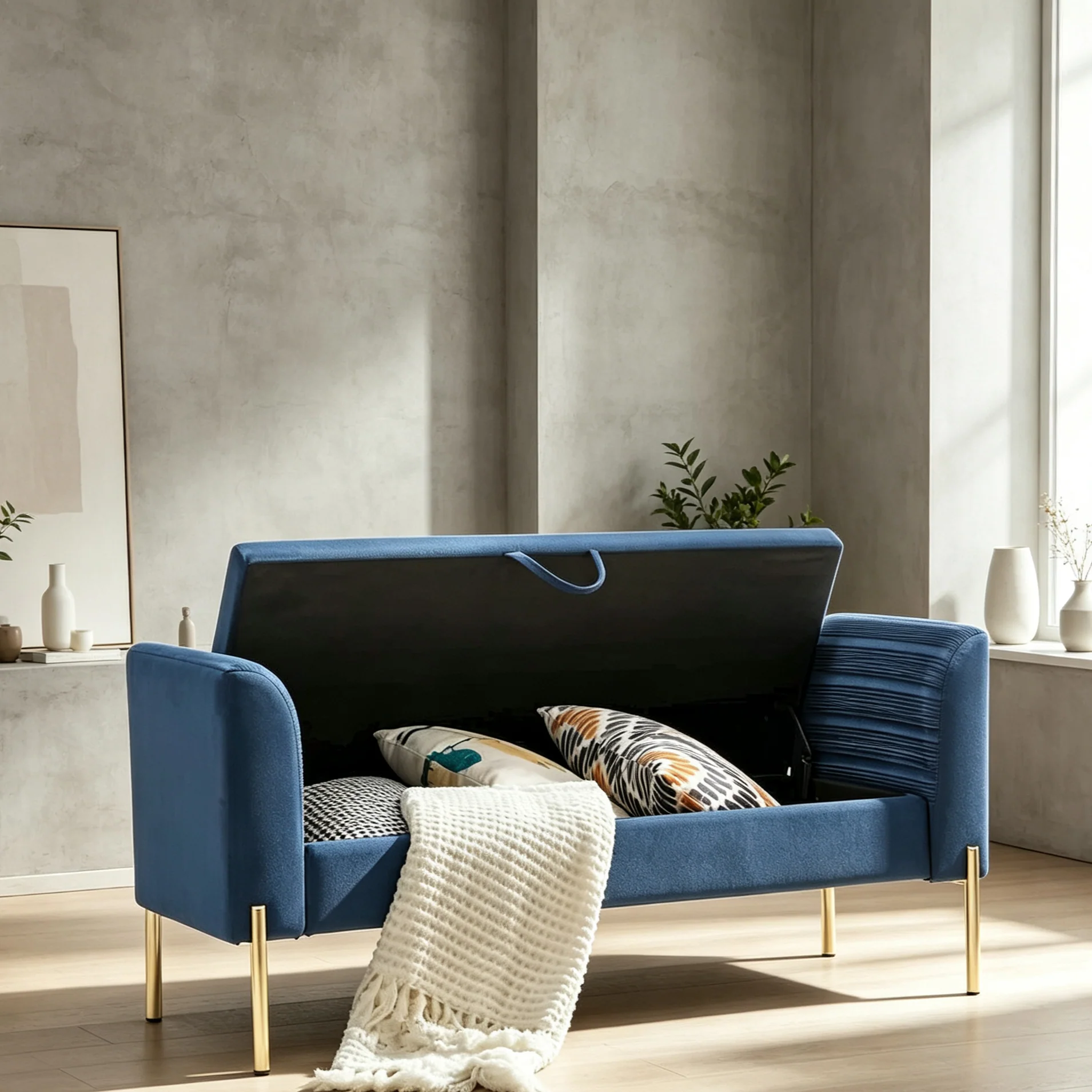 Storage Ottoman Bench, Upholstered Velvet Entryway Bench with Armrest & Large Storage Space for Living Room - 52inch
