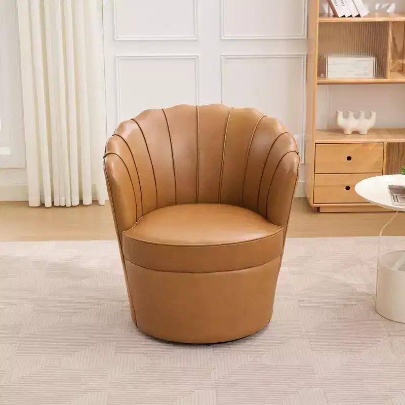 Petal Swivel Chair, Accent Chair with Rotating Metal Base, Curved Fluted, Genuine Leather Wingback Desk Chair for Office, Living Room