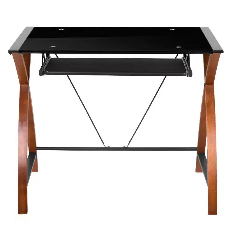Emma and Oliver Glass Computer Desk-Pull-Out Keyboard Tray & Crisscross Frame