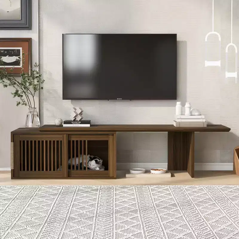 Extendable TV Stand Cat Furniture TV Media Console Cat House Litter Box Enclosure with Cat Scratcher, Walnut - ModernLuxe