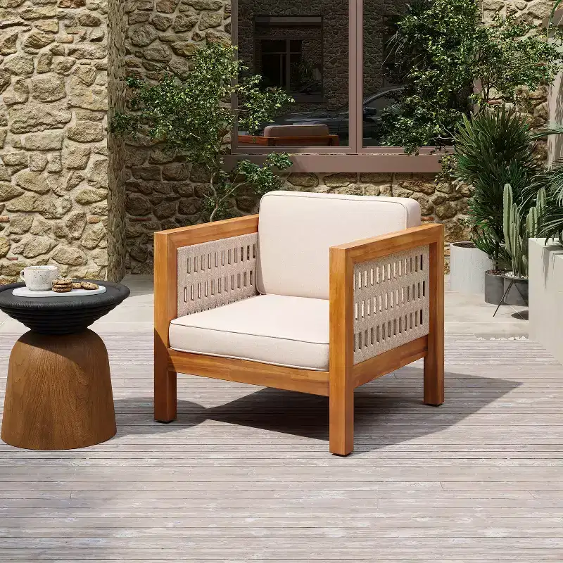 Christopher Knight Home Maya Boho Patio Acacia Wood Club Chair with Armrest and Cushions