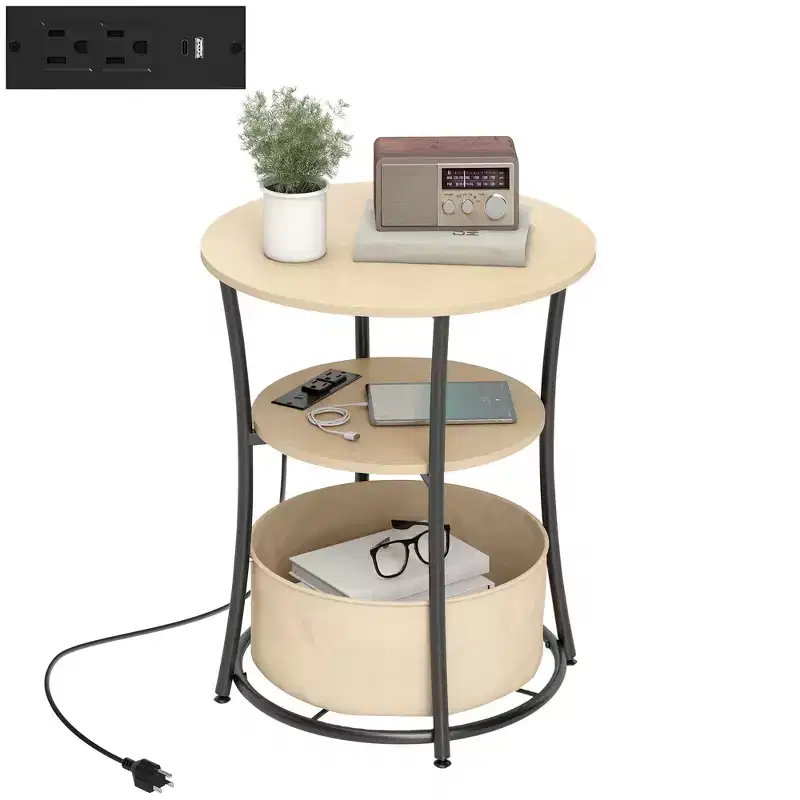 Side Table with Charging Station, 3-Tier Round End Table with Fabric Storage Bag, Shelf and Steel Frame for Living Room, Natural Wood