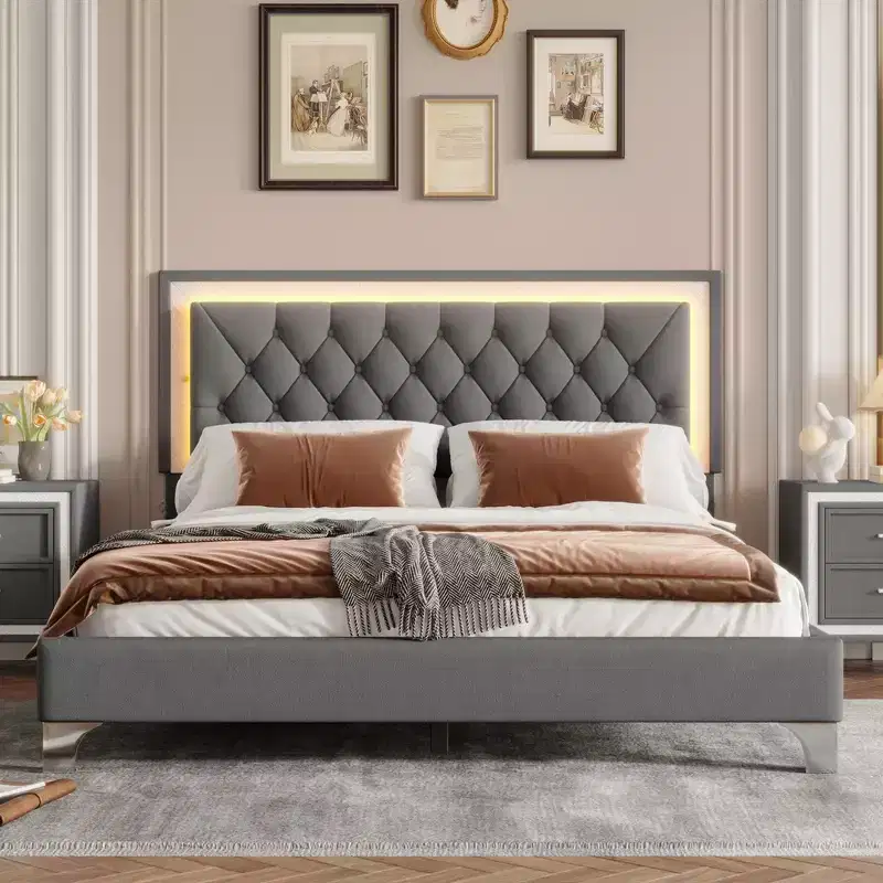 Queen Size Upholstered Bed Frame, Modern Velvet Platform Bed with Tufted Headboard