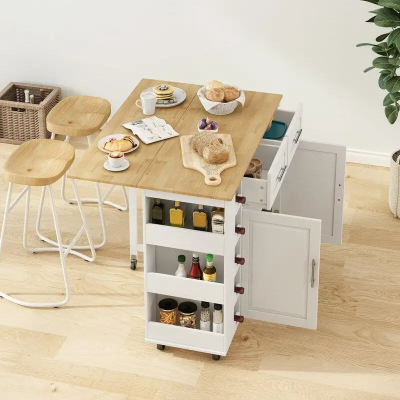 46.46Multi-Functional Kitchen Island Cart with Spice Rack,Wine Rack,Towel Holder and Foldable Rubberwood Table Top