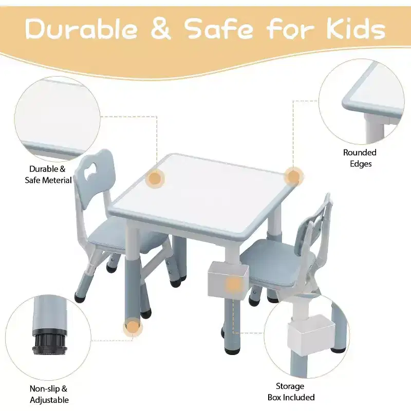 Kids Table and 4 Chairs Set with Particleboard Desktop, Height Adjustable, Anti-Slip Pad, Compact Dining Set, and Durable Desktop