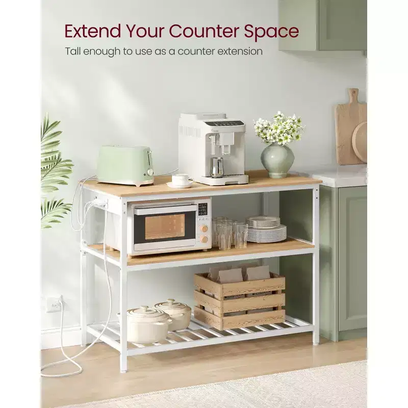 VASAGLE Kitchen Island with 3 Shelves, 47.2 Inches Width Kitchen Shelf with Power Strip, Large Worktop, Stable Steel Structure