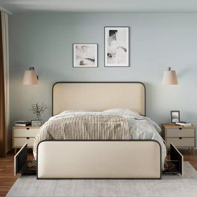 King Modern Metal Bed Frame with Upholstered Headboard and 4 Drawers - Beige