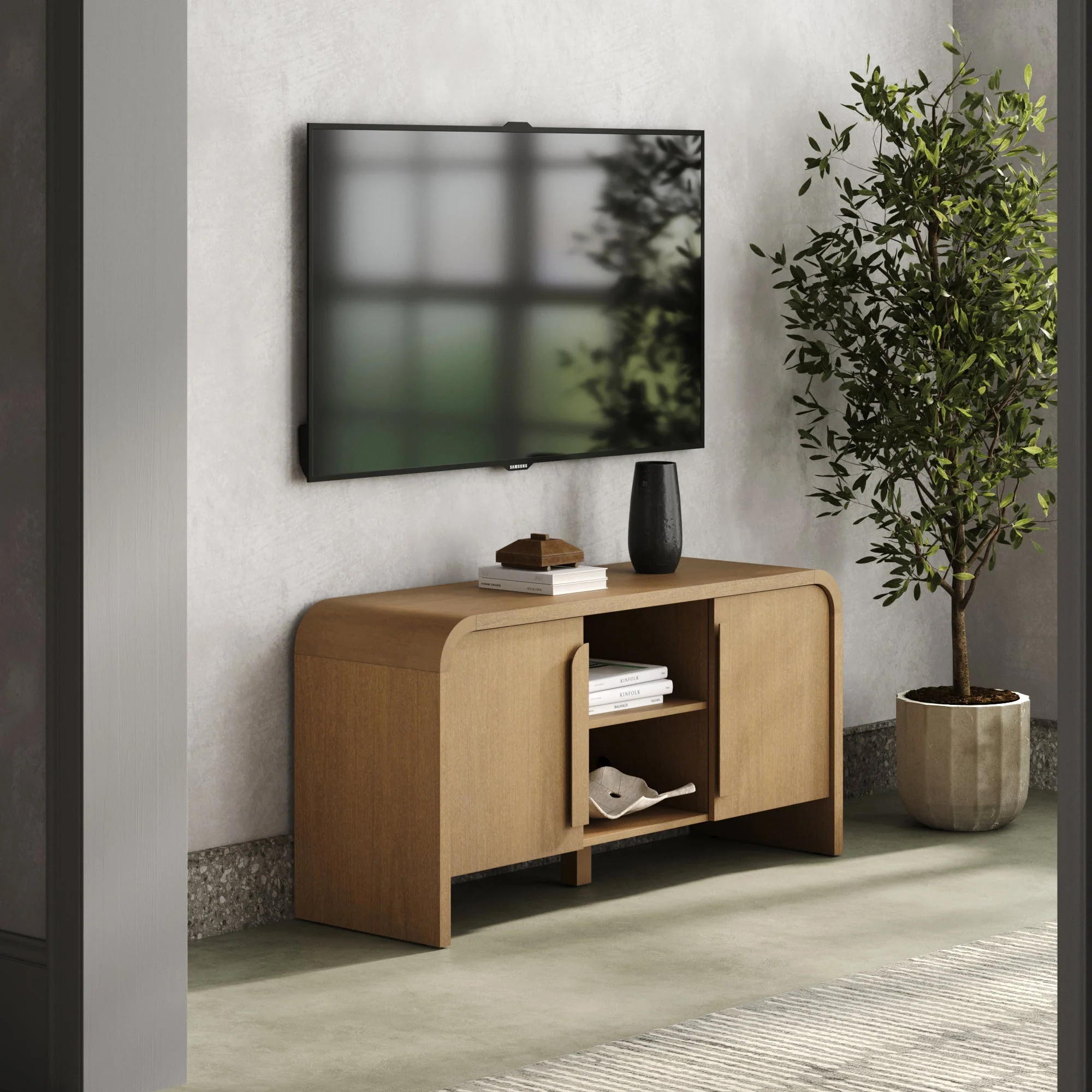 Arched TV Stand or Media Console Cabinet Warm Oak