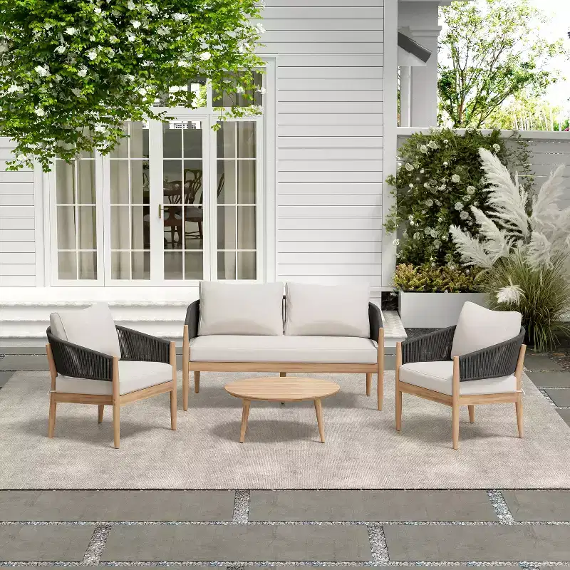 Christopher Knight Home Zill Modern 4 Piece Patio Acacia Wood Woven Rope Seating Set with Slatted Coffee Table